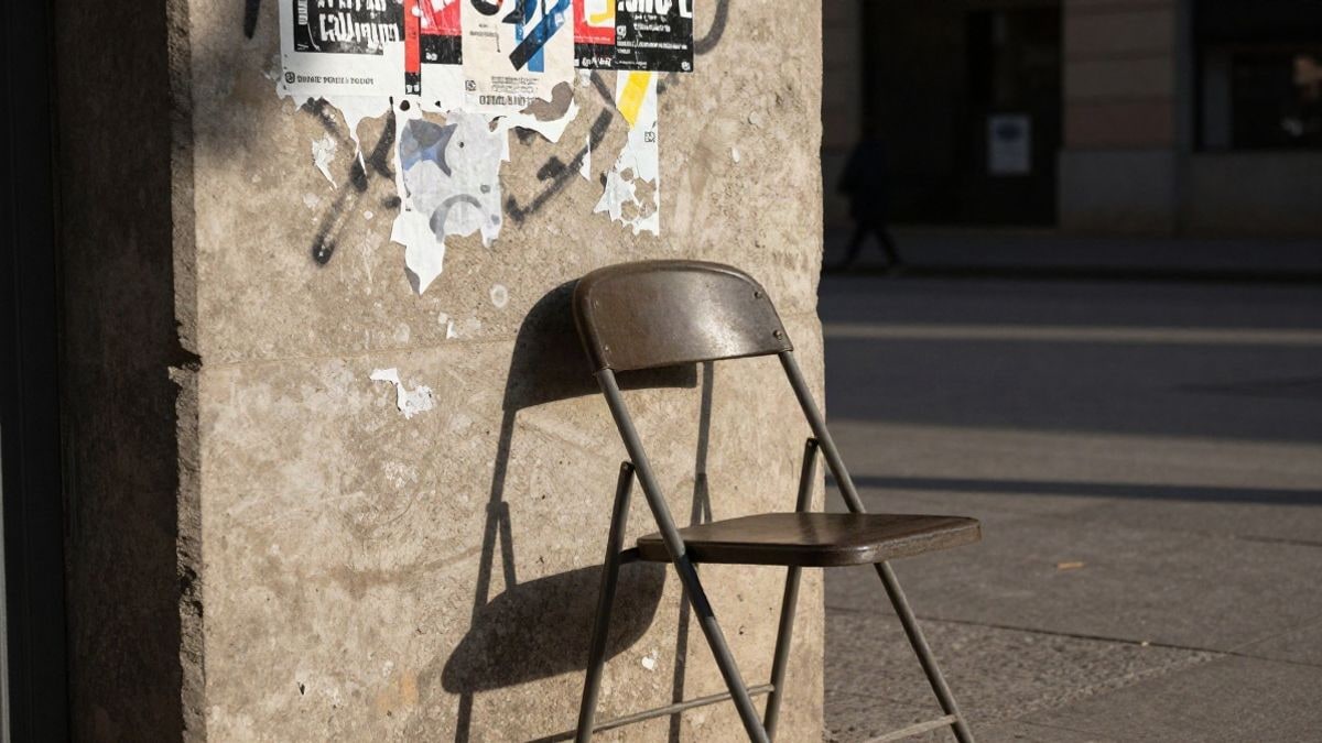 Imagen ilustrativa: detalle de una pared de hormigón con carteles y una silla plegable en una plaza urbana