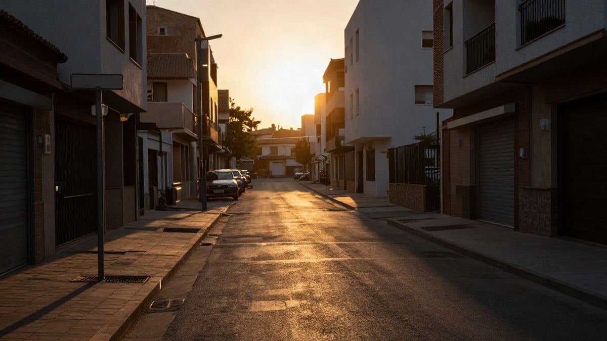 Imagen ilustrativa: calle de nueva construcción al atardecer con sombras alargadas y edificios modernos