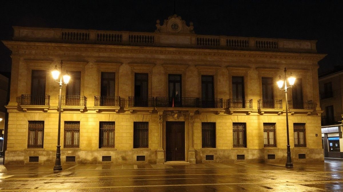 Imagen ilustrativa: fachada de un edificio institucional iluminada de noche por farolas