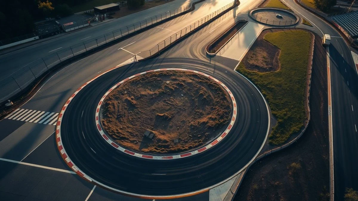 Imagen ilustrativa: vista aérea de un circuito de carreras vacío con curvas y zonas de escape, iluminado por la luz del atardecer.