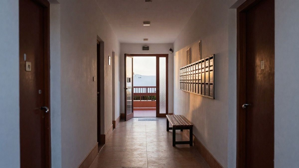 Imagen ilustrativa: portal de un edificio residencial con un banco vacío junto a los buzones