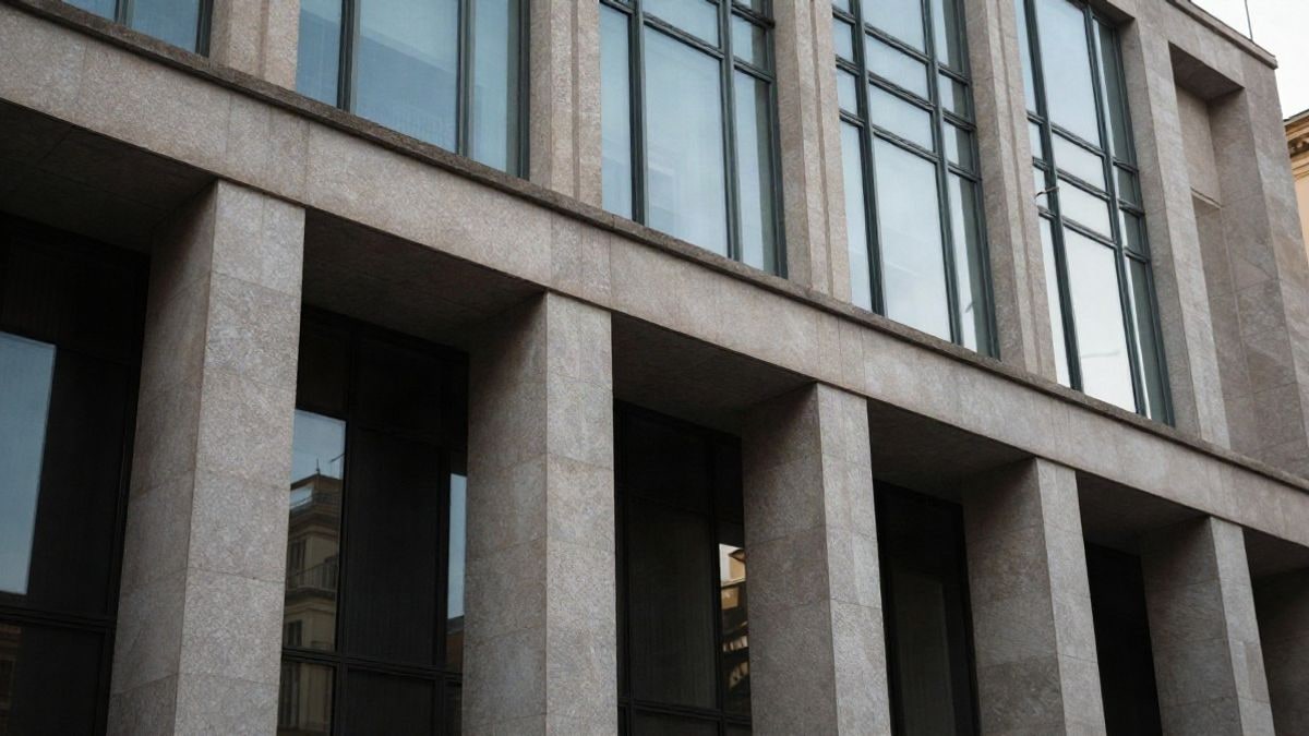 Imagen ilustrativa: fachada de un edificio institucional moderno con detalles arquitectónicos en primer plano
