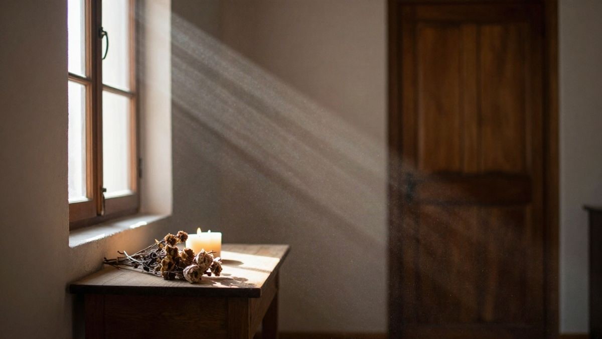 Imagen ilustrativa: velas apagadas y flores secas sobre una mesa junto a una puerta de madera, con luz lateral de ventana