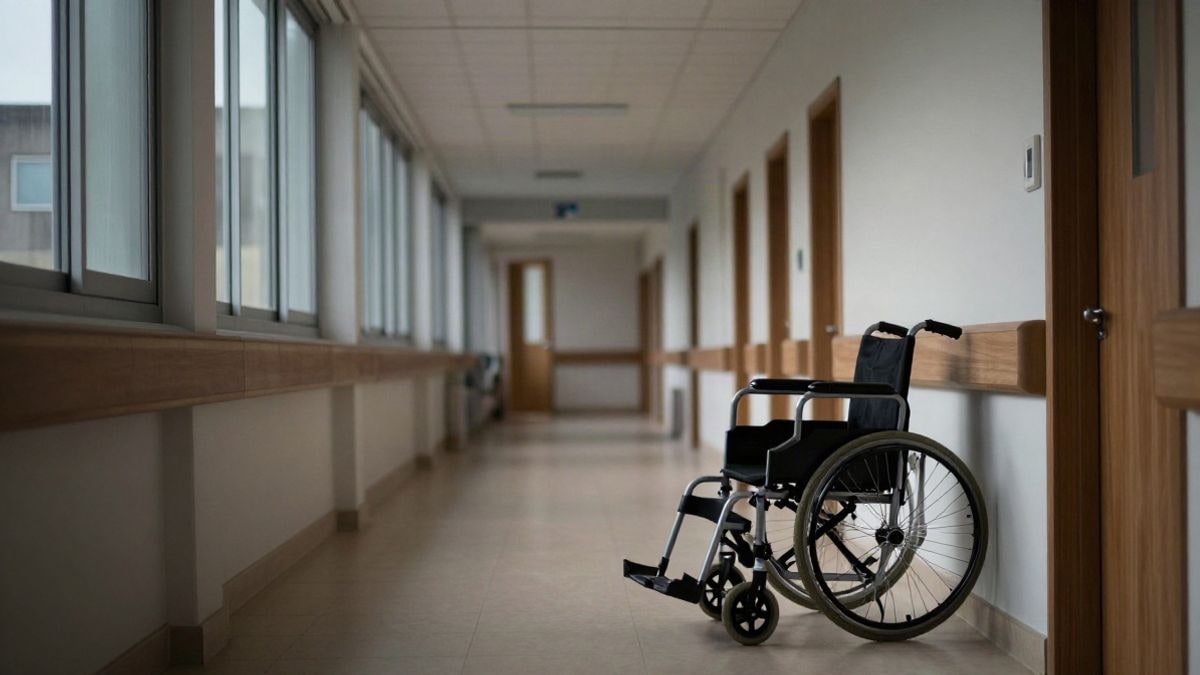 Imagen ilustrativa: pasillo de un hospital moderno con luz natural y una silla de ruedas vacía junto a la pared