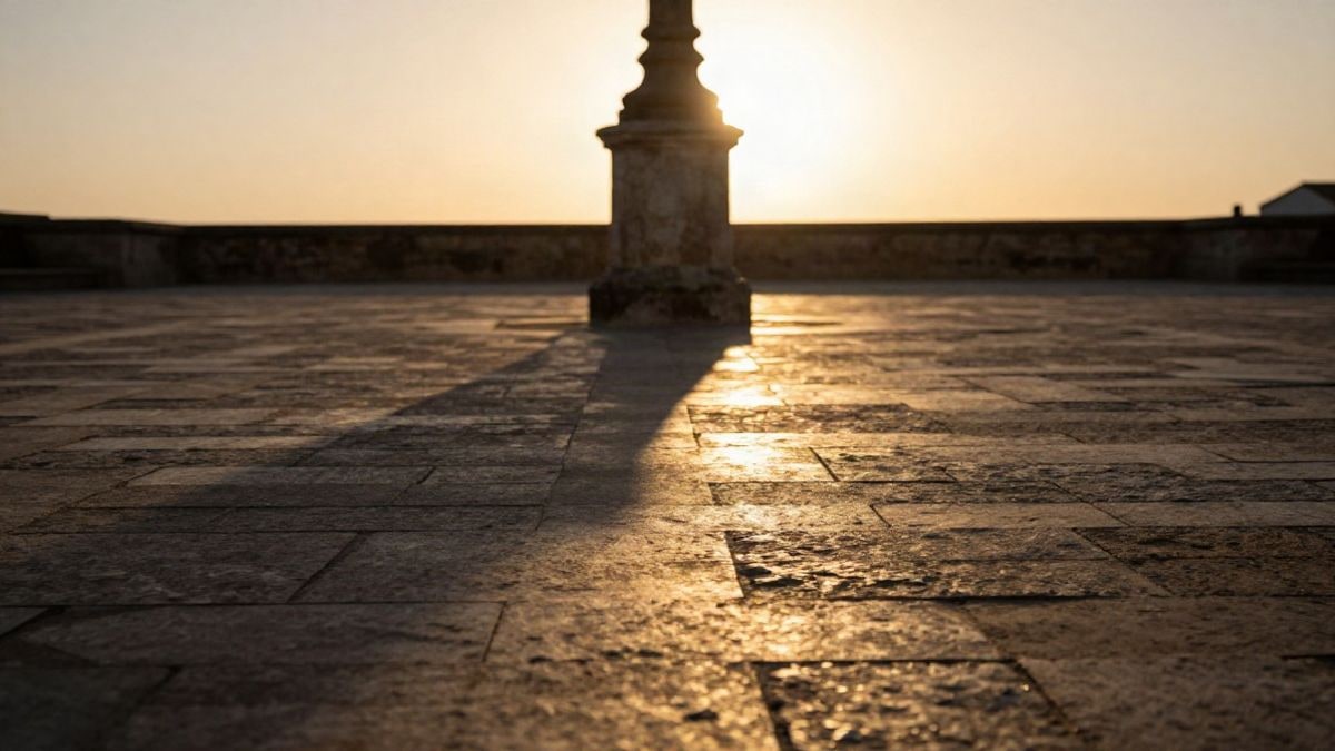 Imagen ilustrativa: plaza de piedra al atardecer con contraluz y sombras largas