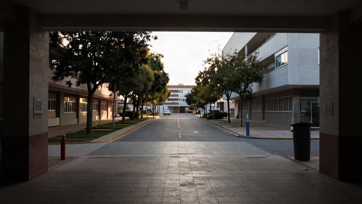 Imagen ilustrativa: entorno escolar remodelado con aceras amplias y árboles, sin presencia de personas.