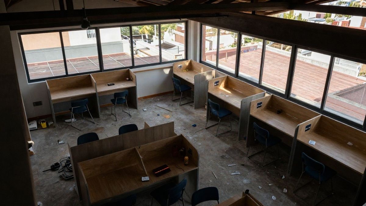 Imagen ilustrativa: vista cenital de un centro juvenil en reforma con salas de estudio y cabinas de pódcast