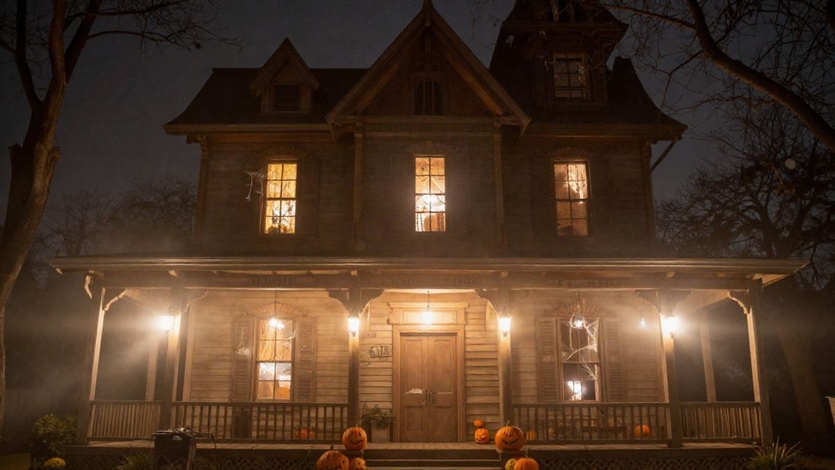 Imagen ilustrativa: fachada de una casa encantada iluminada de noche con calabazas y niebla