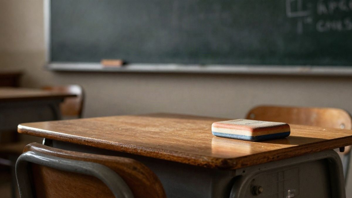 Imagen ilustrativa: pupitre escolar de madera y borrador sobre una mesa de aula, iluminados por la luz de la tarde
