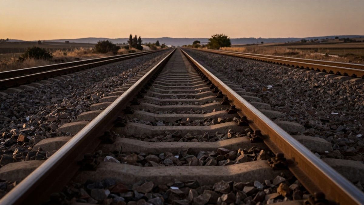 Imagen ilustrativa: vías de tren que convergen en el horizonte al atardecer, con luz cálida y sin personas.