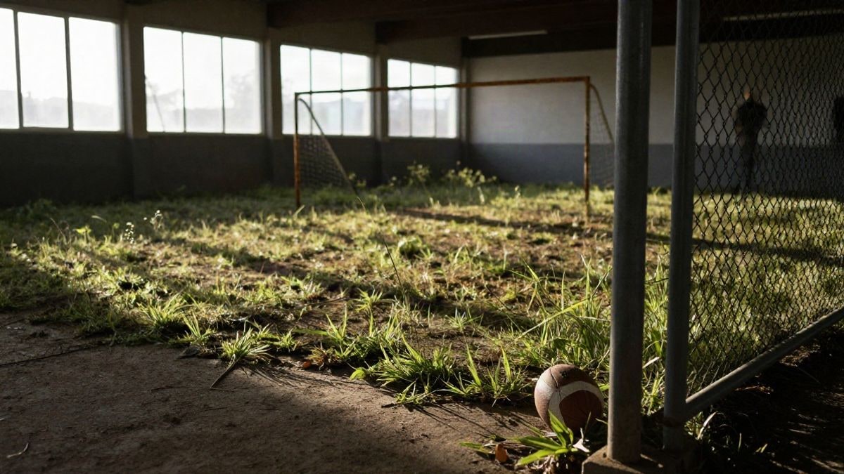 Imagen ilustrativa: un campo de fútbol abandonado con hierba crecida y porterías oxidadas, visto a través de una valla metálica