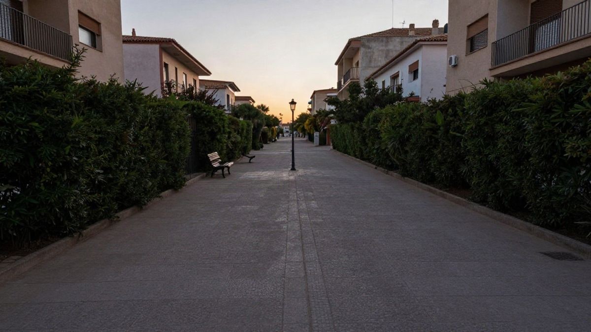 Imagen ilustrativa: pasillo peatonal vacío entre bloques residenciales al atardecer, con setos y una farola descentrada