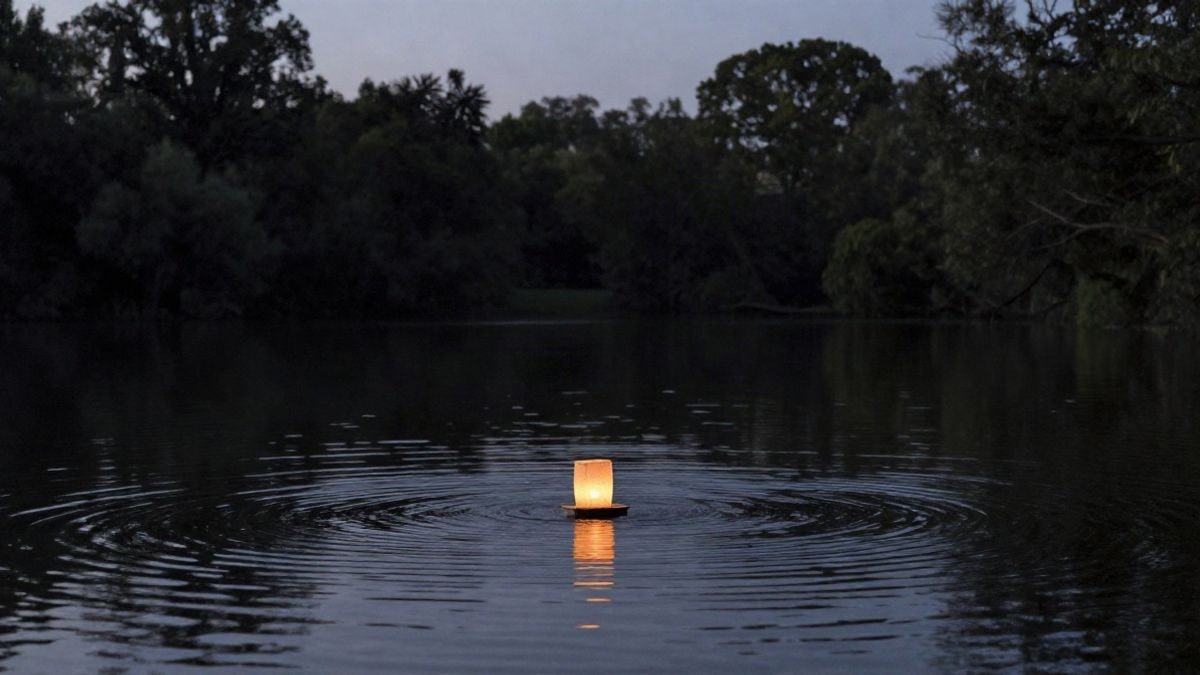 Imagen ilustrativa: un lago tranquilo al atardecer con una linterna flotante encendida, rodeada de árboles y personas lejanas en la orilla.