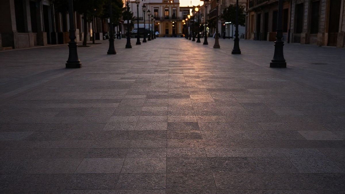 Imagen ilustrativa: una plaza urbana de piedra vacía al atardecer, con líneas de pavimento y farolas que convergen hacia el fondo