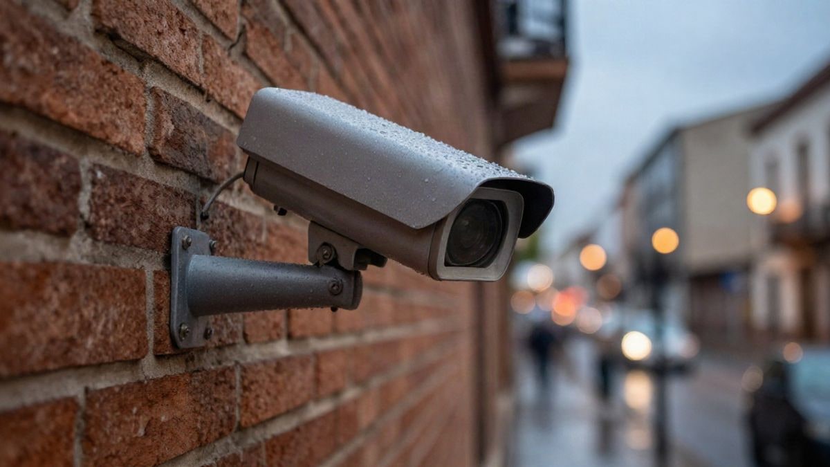 Imagen ilustrativa: detalle de una cámara de seguridad instalada en una pared de ladrillo con una calle urbana desenfocada al fondo