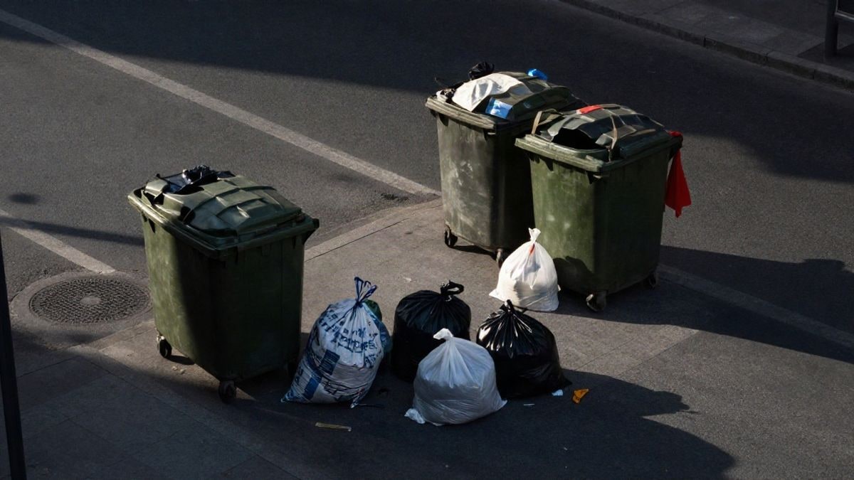 Imagen ilustrativa: vista cenital de contenedores de basura y bolsas en una calle urbana