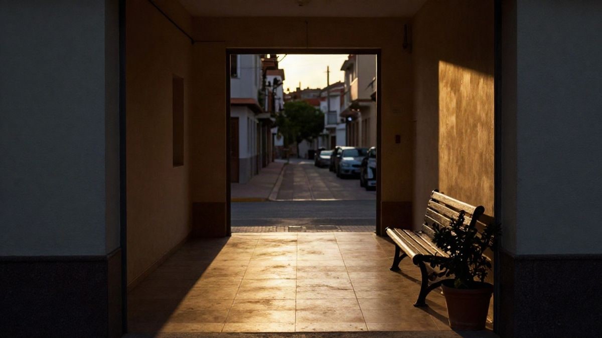 Imagen ilustrativa: contraluz al atardecer en la entrada de un edificio residencial con sombras largas