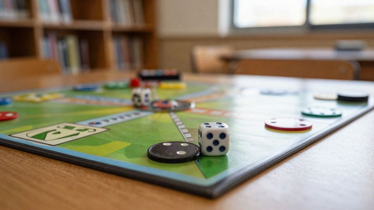 Imagen ilustrativa: primer plano de un juego de mesa con dados y fichas sobre una mesa de madera en un aula