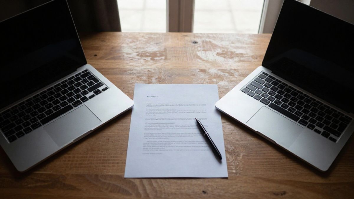 Imagen ilustrativa: vista cenital de dos portátiles enfrentados sobre una mesa con un contrato en blanco y un bolígrafo