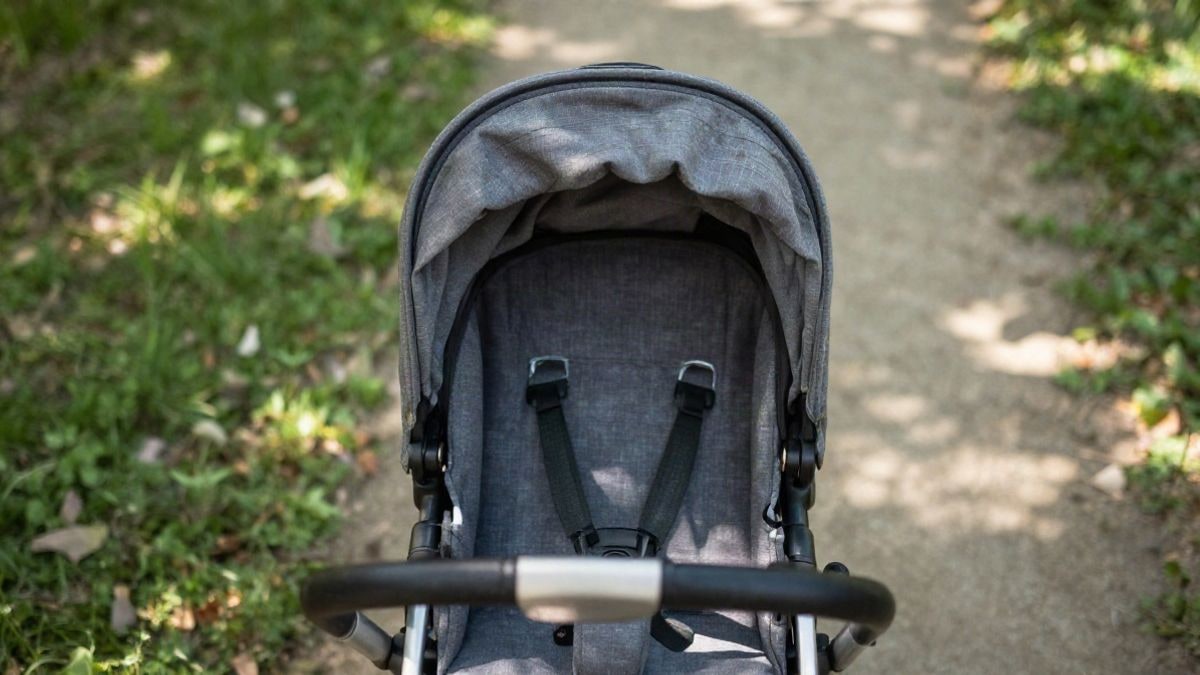 Imagen ilustrativa: un carrito de bebé en un parque soleado, visto desde arriba