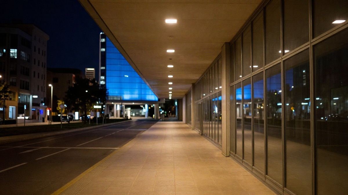 Imagen ilustrativa: pasillo de un edificio de oficinas iluminado de noche con luces cálidas y reflejos azulados en los cristales