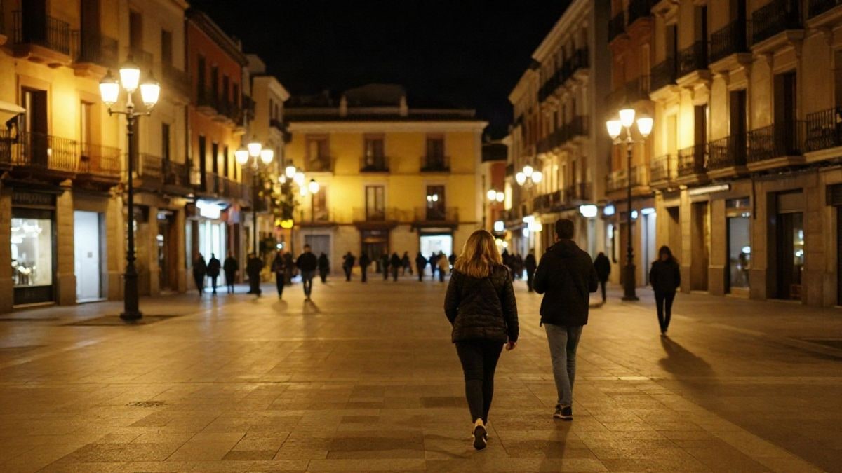 Imagen ilustrativa: plaza pública urbana de noche con luz artificial de farolas y siluetas desenfocadas al fondo