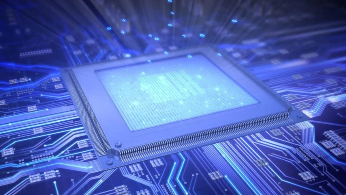 Imagen ilustrativa: primer plano de un microchip con circuitos ópticos brillantes sobre fondo oscuro