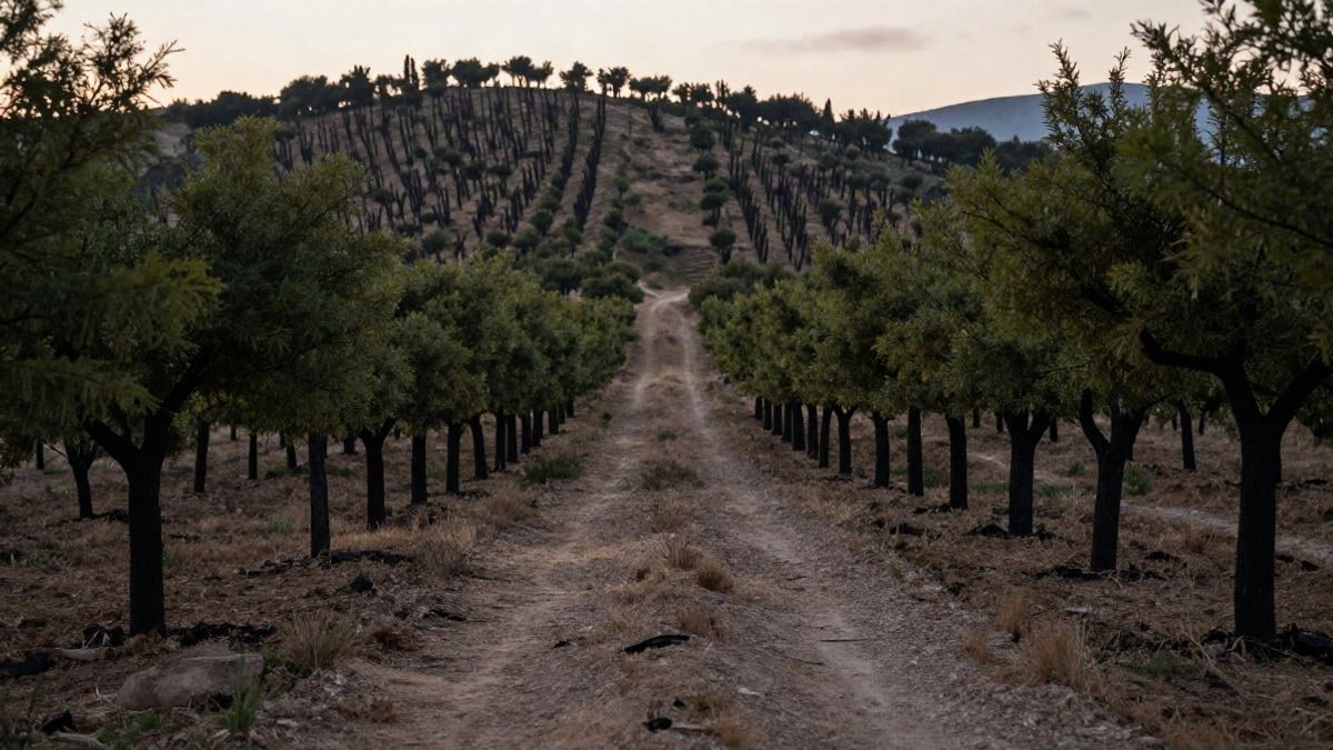 Imagen ilustrativa: paisaje de montaña mediterránea con árboles jóvenes plantados en hileras y troncos calcinados al fondo