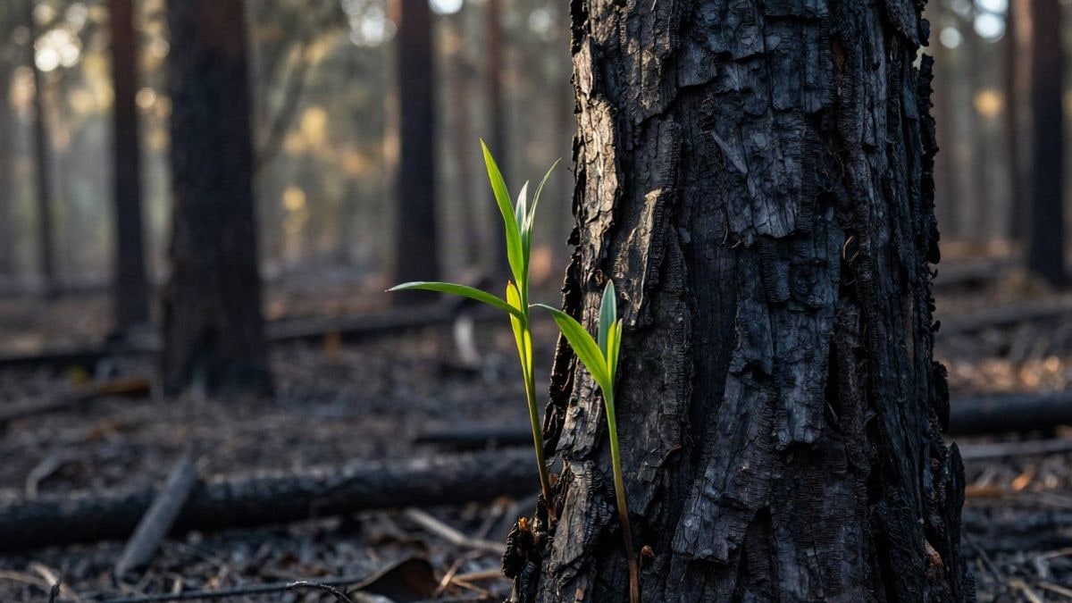 Imagen ilustrativa: tronco quemado con brotes verdes en un bosque, símbolo de regeneración tras un incendio.