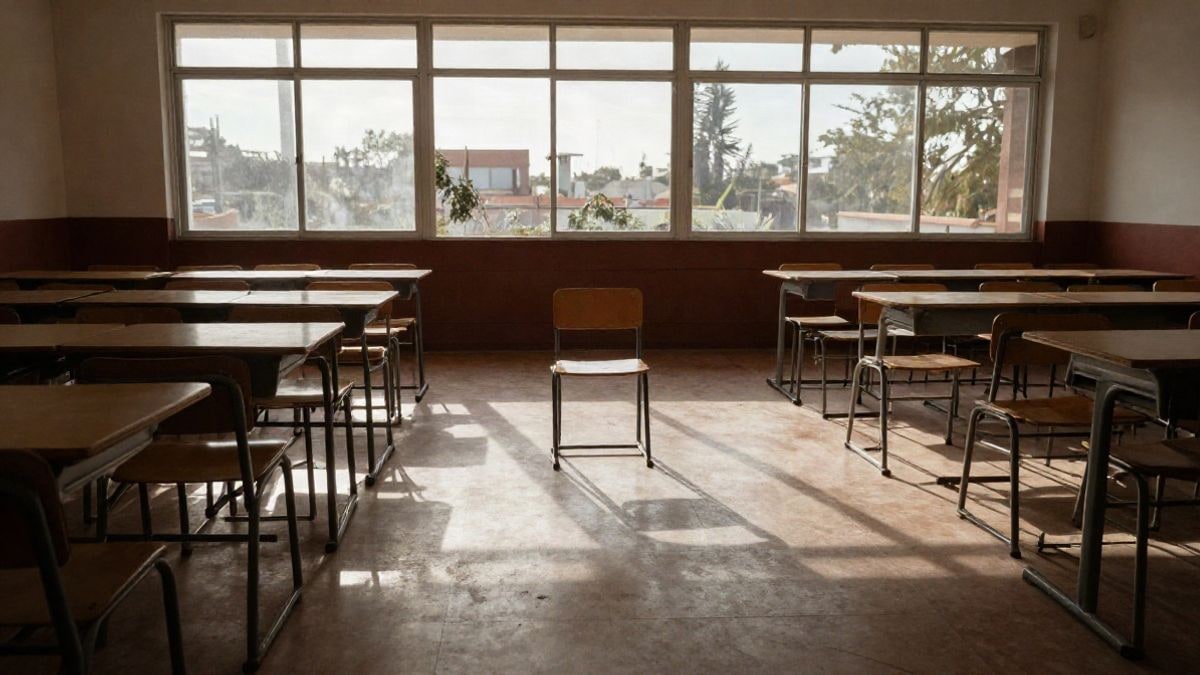 Imagen ilustrativa: silla de madera vacía en un aula de colegio con luz de tarde que entra por las ventanas