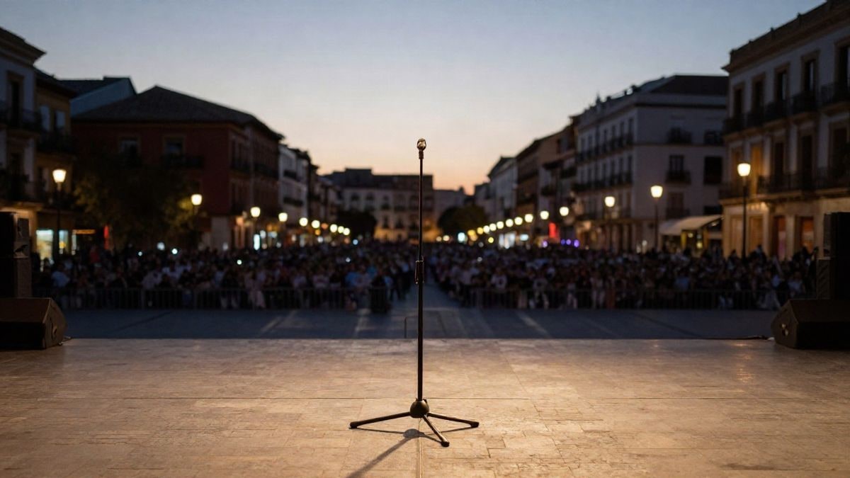 Imagen ilustrativa: escenario al aire libre con un micrófono en una plaza española al atardecer