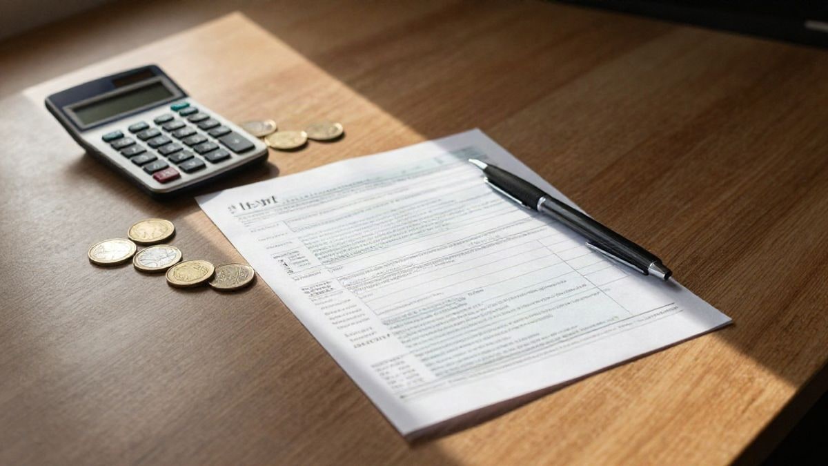 Imagen ilustrativa: mesa de madera vista desde arriba con un formulario fiscal doplegado, una calculadora y monedas de euro