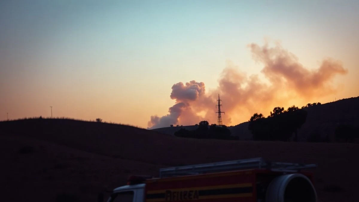 Imagen ilustrativa: columna de humo de un incendio forestal al atardecer tras una colina con sombras largas