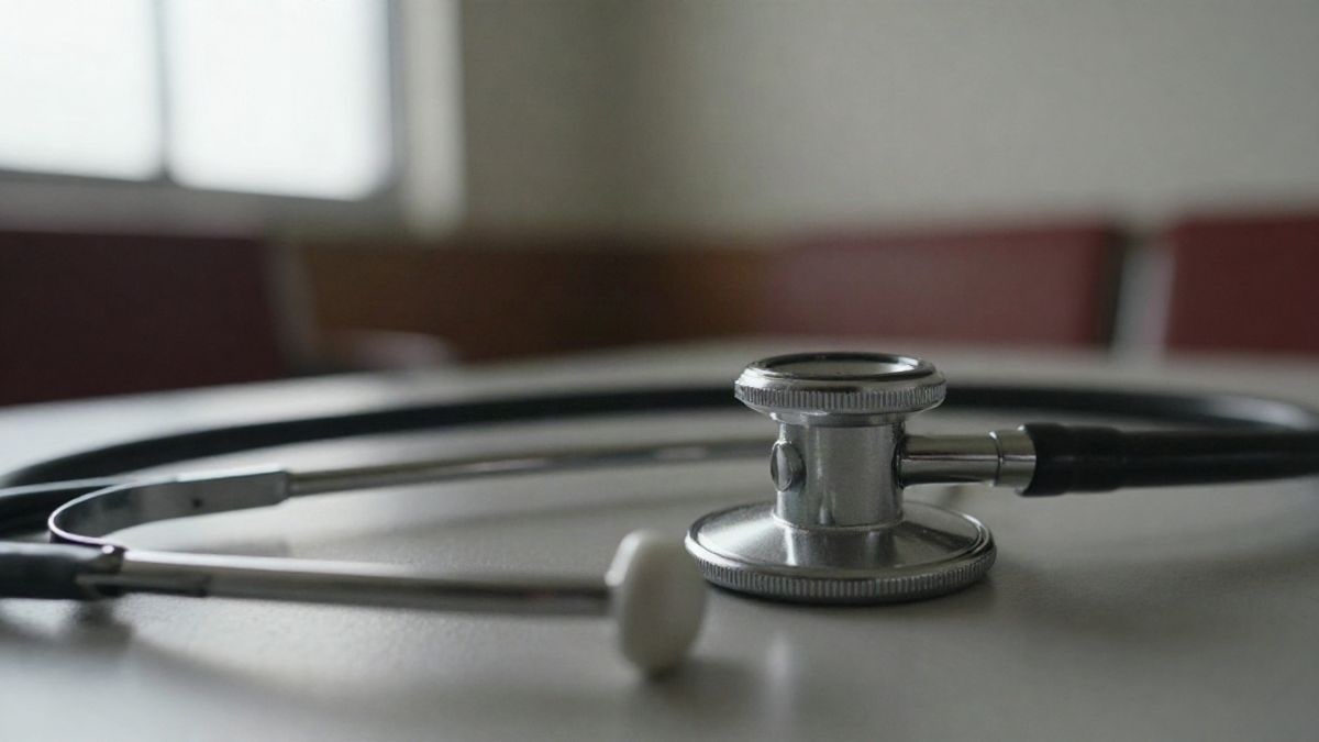 Imagen ilustrativa: primer plano de un estetoscopio sobre una mesa en una sala de espera hospitalaria
