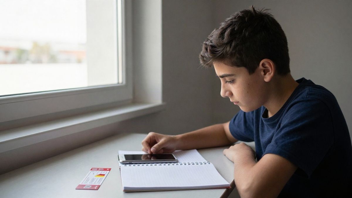 Imagen ilustrativa: escritorio juvenil con tarjeta, móvil y entradas de cine bajo luz lateral