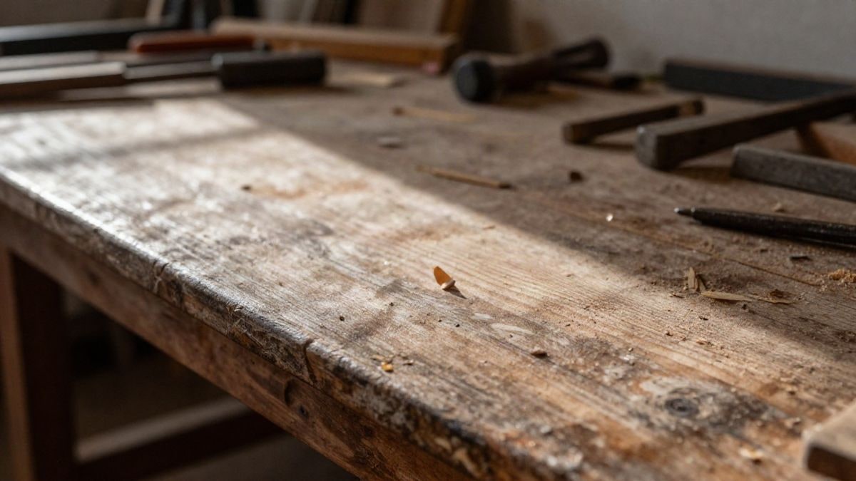 Imagen ilustrativa: detalle de un banco de carpintería de madera envejecida en un taller industrial, con serrín y luz natural entrando por una ventana
