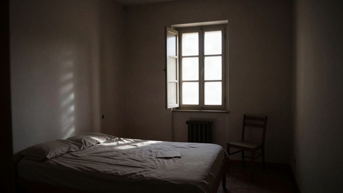 Imagen ilustrativa: habitación con cama y luz lateral de ventana, ambiente sombrío.