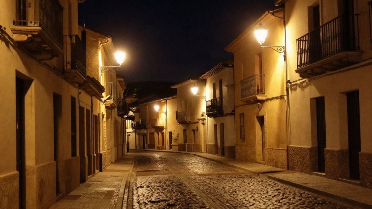 Imagen ilustrativa: calle empedrada de un pueblo antiguo iluminada por farolas de luz cálida bajo un cielo nocturno con algunas estrellas