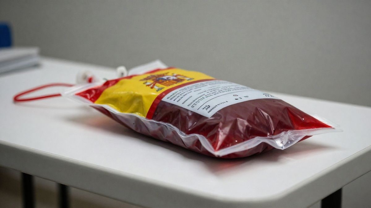 Imagen ilustrativa: bolsa de donación de sangre sobre una mesa blanca, con cielo de fondo al nivel del suelo.