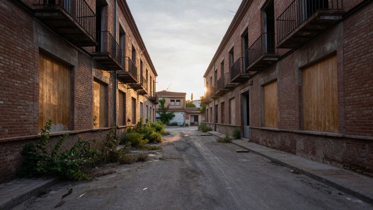 Imagen ilustrativa: fachada de un edificio antiguo tapiado con maleza en primer plano, al atardecer
