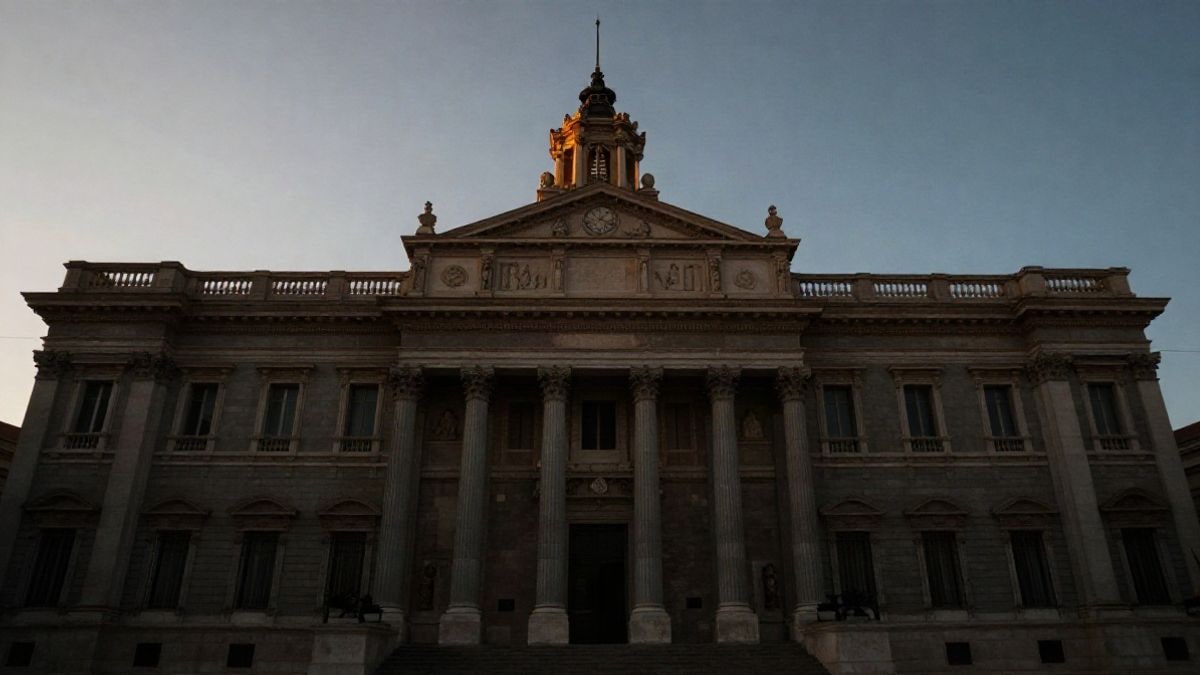 Imagen ilustrativa: fachada de un edificio institucional con columnas al atardecer
