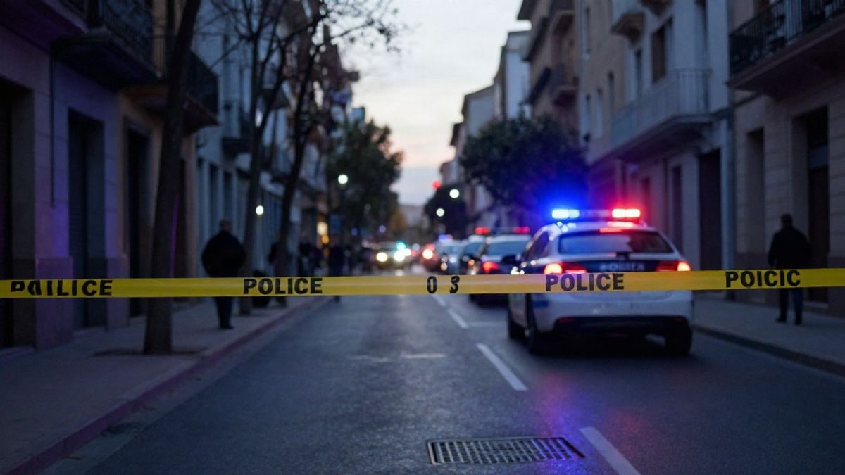 Imagen ilustrativa: un coche de policía con las luces encendidas en una calle de Madrid al atardecer, con cinta policial en primer plano.