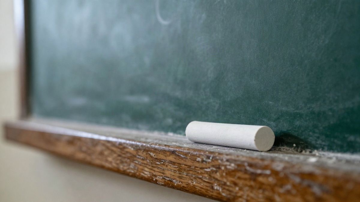 Imagen ilustrativa: tiza blanca sobre la repisa de madera de una pizarra en un aula vacía