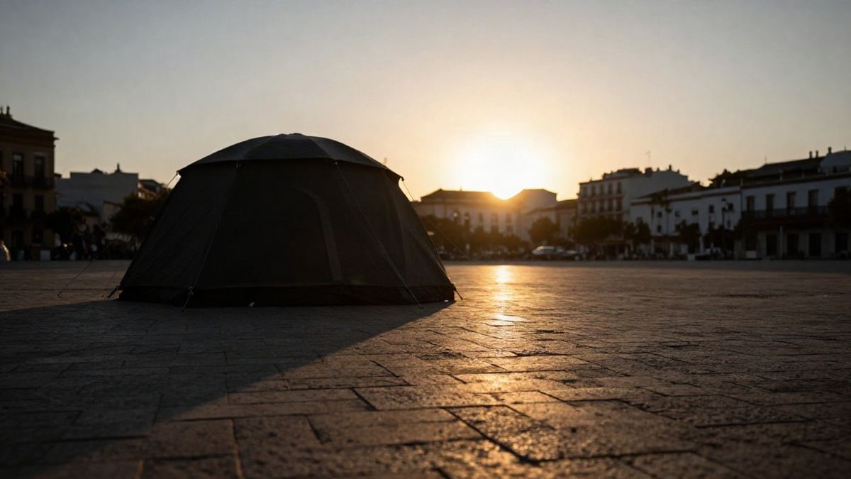 Imagen ilustrativa: una tienda de campaña recortada al atardecer sobre una plaza empedrada, con sombras largas