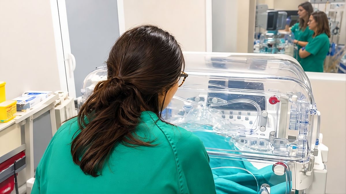 Imagen ilustrativa: pasillo de hospital de noche iluminado con luz artificial suave y un armario de medicamentos al fondo