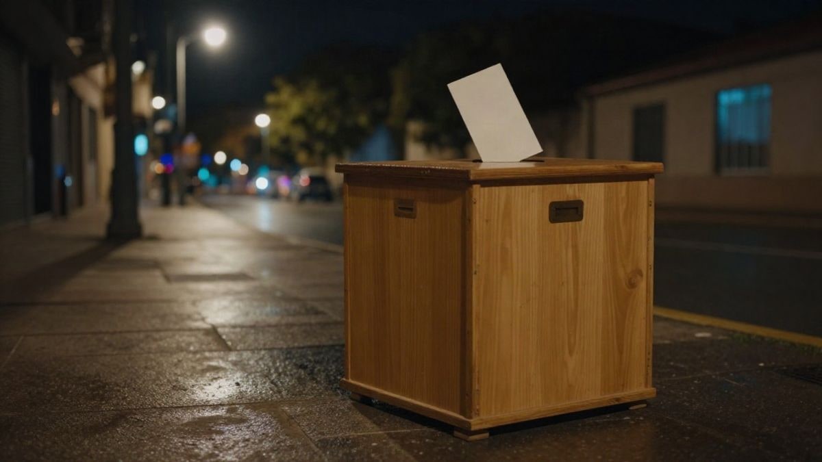 Imagen ilustrativa: una urna de madera vacía sobre el pavimento mojado, iluminada por una farola nocturna