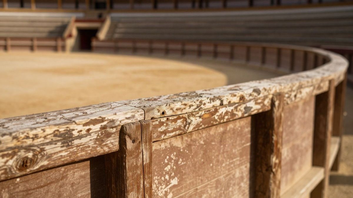 Imagen ilustrativa: detalle de una barrera de madera desgastada de un recinto taurino al atardecer