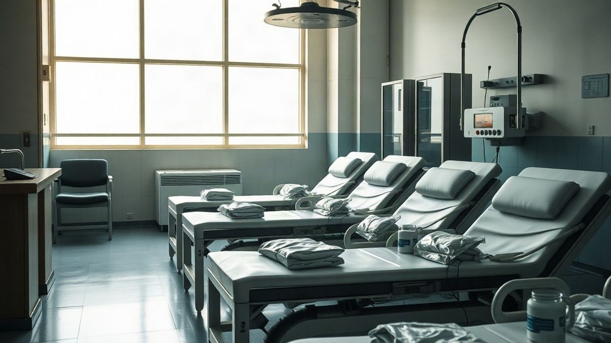 Imagen ilustrativa: sala de donación de sangre vacía con sillones y bolsas de sangre