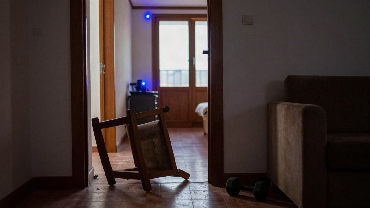 Imagen ilustrativa: interior de un piso con una mancuerna en el suelo y la puerta forzada