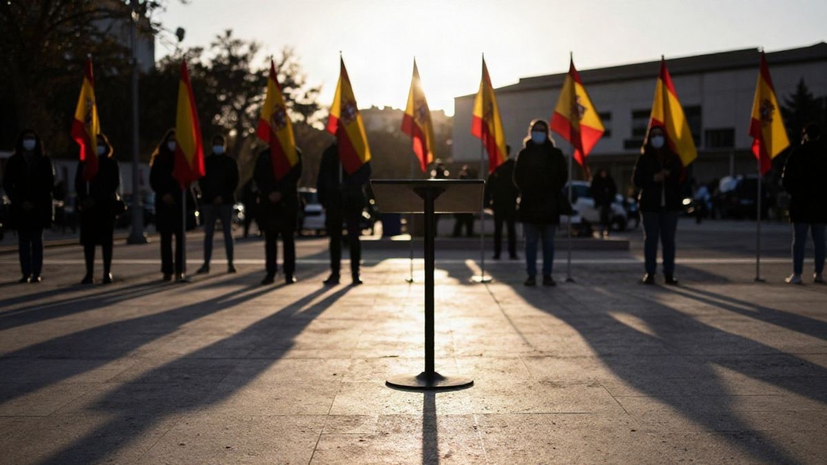 Imagen ilustrativa: un atril vacío en una plaza al atardecer, con siluetas y sombras largas.